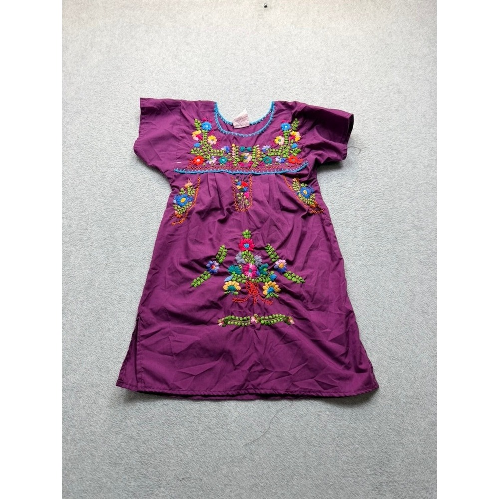 Purple Mexican Floral Embroidered Peasant Dress Kids Boho Short Sleeve Boho